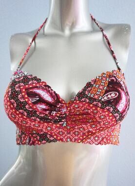 Victoria's Secret Swim Bikini Top Warm Patchwork Getaway Halter Scalloped 32C